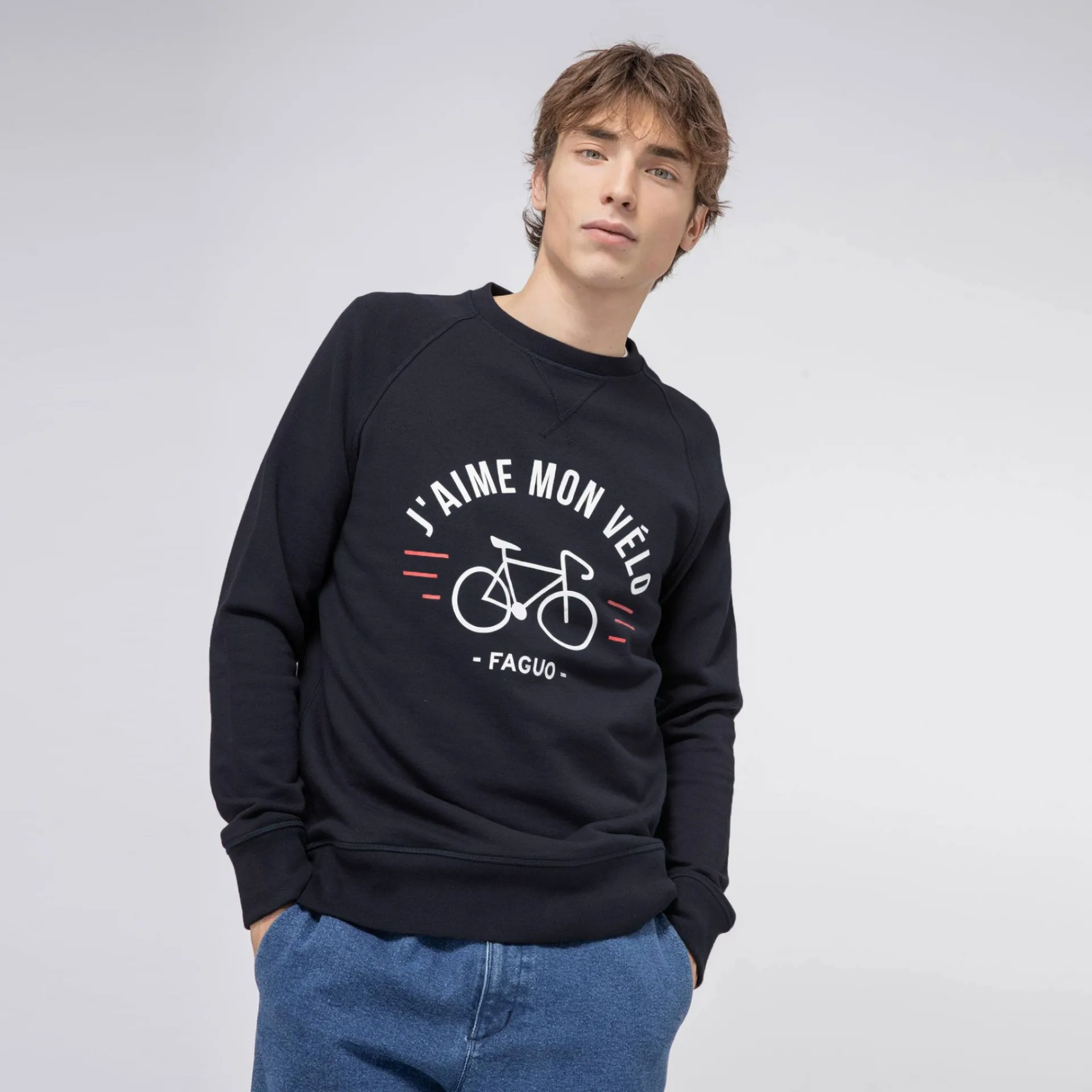 Sweatshirts*FAGUO Sweat Col Rond Bleu Marine J'Aime Mon Velo